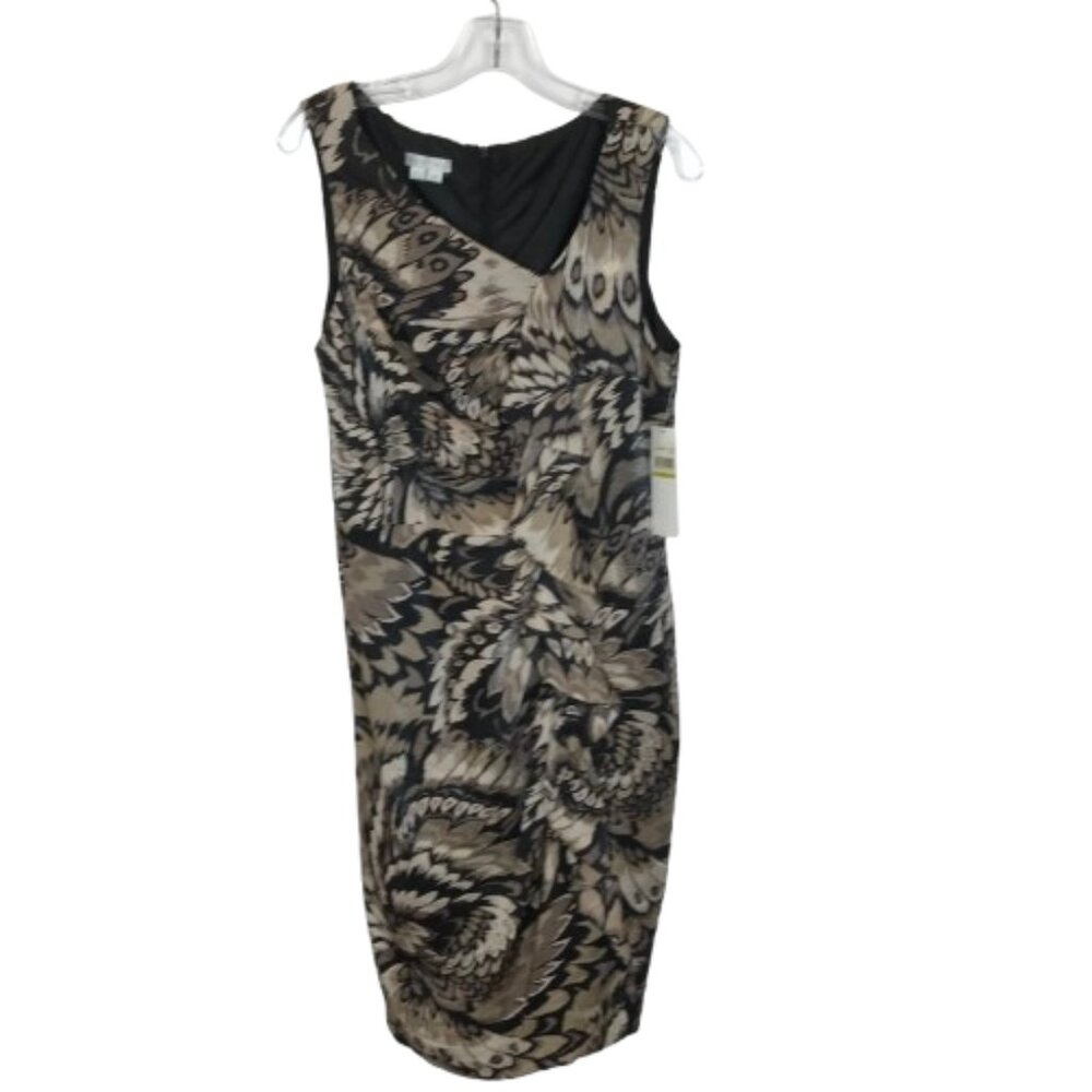 NWT London Times Womens Size 14 Asymmetric Neck Feather Print Sheath Dress NEW